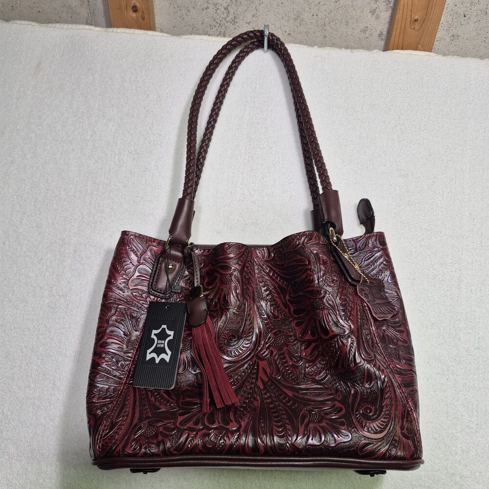 MC HANDBAG RED TOOLED EMBOSSED LEATHER DOUBLE HANDLE SHOULDER BAG